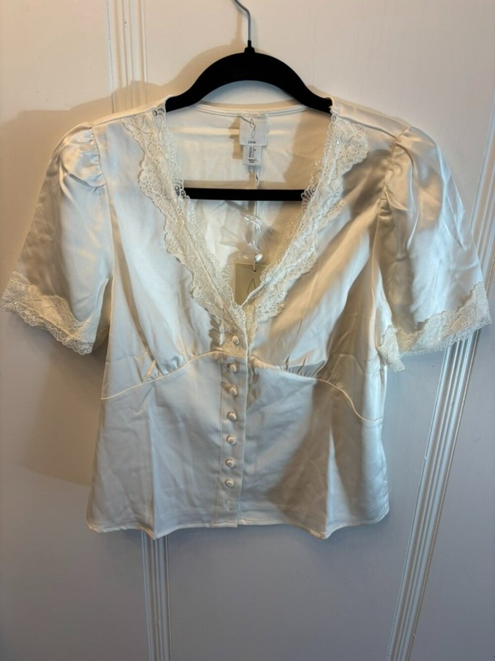 Joie Off-White Satin blouse with Lace Trim- Size Small